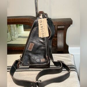 NWT Bed Stu Leather Adept Unisex Sling Backpack Black Teak Rustic MSRP $235